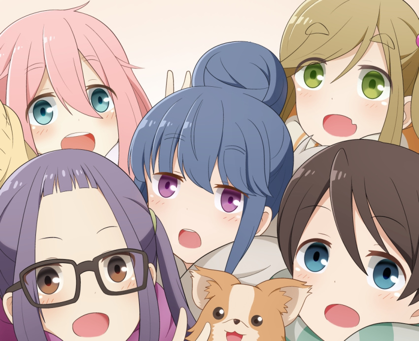 animal black-framed_eyewear black_hair blue_eyes blue_hair brown_hair chikuwa_(yurucamp) close-up commentary_request dog eyebrows_visible_through_hair face fang glasses green_eyes hair_between_eyes hair_bun inuyama_aoi kagamihara_nadeshiko looking_at_viewer multiple_girls nuts_tuna oogaki_chiaki open_mouth pink_hair purple_eyes purple_hair saitou_ena scarf shima_rin sidelocks simple_background thick_eyebrows v yurucamp