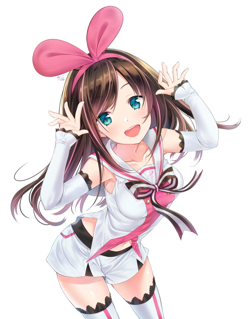 :d a.i._channel absurdres ainili blue_eyes breasts brown_hair collarbone detached_sleeves floating_hair hairband highres kizuna_ai leaning_forward long_hair looking_at_viewer medium_breasts midriff navel open_mouth pink_hairband short_shorts shorts simple_background smile solo standing stomach thighhighs very_long_hair white_background white_legwear white_shorts