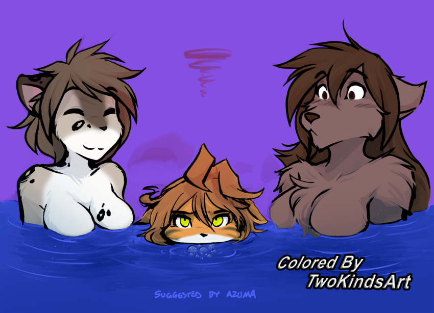 anthro breasts brown_eyes brown_hair bubble canine confusion edit embarrassed eyes_closed female flora_(twokinds) fur group hair kathrin_(twokinds) keidran long_hair mammal natani partially_submerged simple_background smile spots spotted_fur striped_fur stripes tom_fischbach twokinds water webcomic wolf yellow_eyes