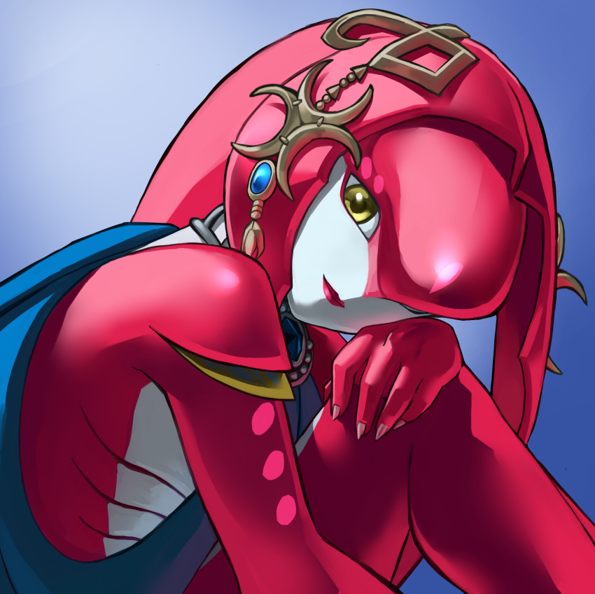 1girl closed_mouth fish_girl gem gills headpiece jewelry looking_at_viewer mipha multicolored_skin necklace red_skin simple_background solo the_legend_of_zelda the_legend_of_zelda:_breath_of_the_wild two-tone_skin white_skin yellow_eyes
