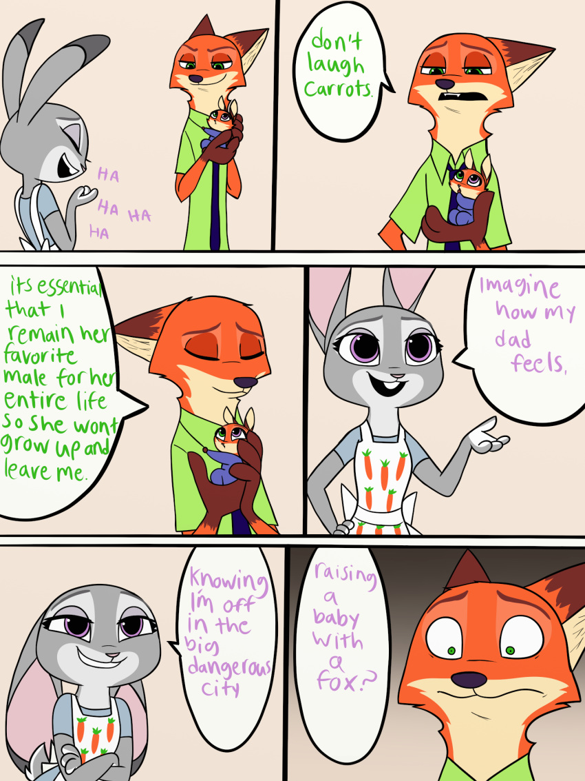 2017 4_fingers anthro canine clothed clothing comic cub daughter disney english_text father female fox fur green_eyes heterochromia hi_res hybrid judy_hopps lagomorph male mammal mother nick_wilde parent purple_eyes rabbit skeletonguys-and-ragdolls speech_bubble standing text violet_(zootopia) young zootopia