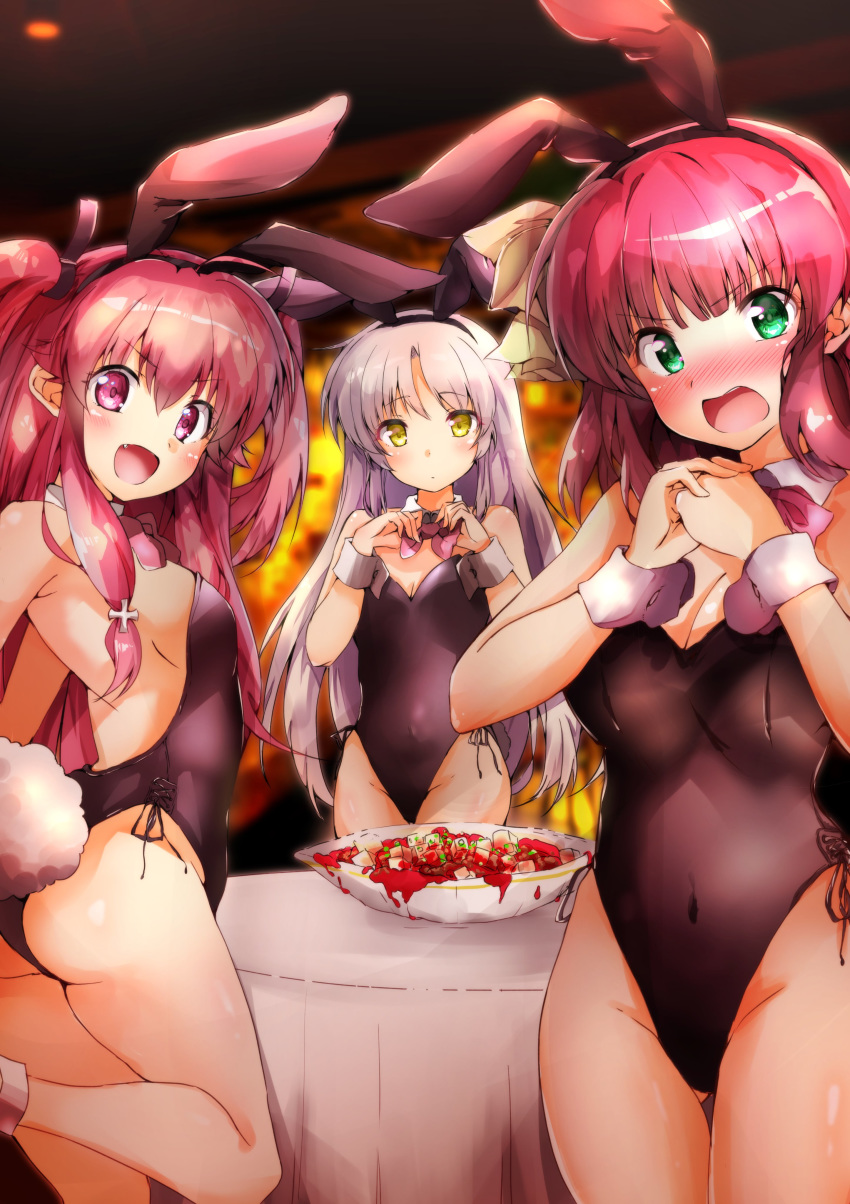 :d absurdres angel_beats! animal_ears ass black_leotard blush bow bowtie bunny_ears bunny_tail bunnysuit ca2la cowboy_shot detached_collar eyebrows_visible_through_hair fang food green_eyes hair_bow highres leotard long_hair looking_at_viewer mapo_doufu medium_hair multiple_girls nose_blush open_mouth pink_eyes pink_hair pink_neckwear purple_hair silver_hair smile standing standing_on_one_leg strapless strapless_leotard table tail tenshi_(angel_beats!) two_side_up v-shaped_eyebrows wavy_mouth wrist_cuffs yellow_eyes yui_(angel_beats!) yuri_(angel_beats!)