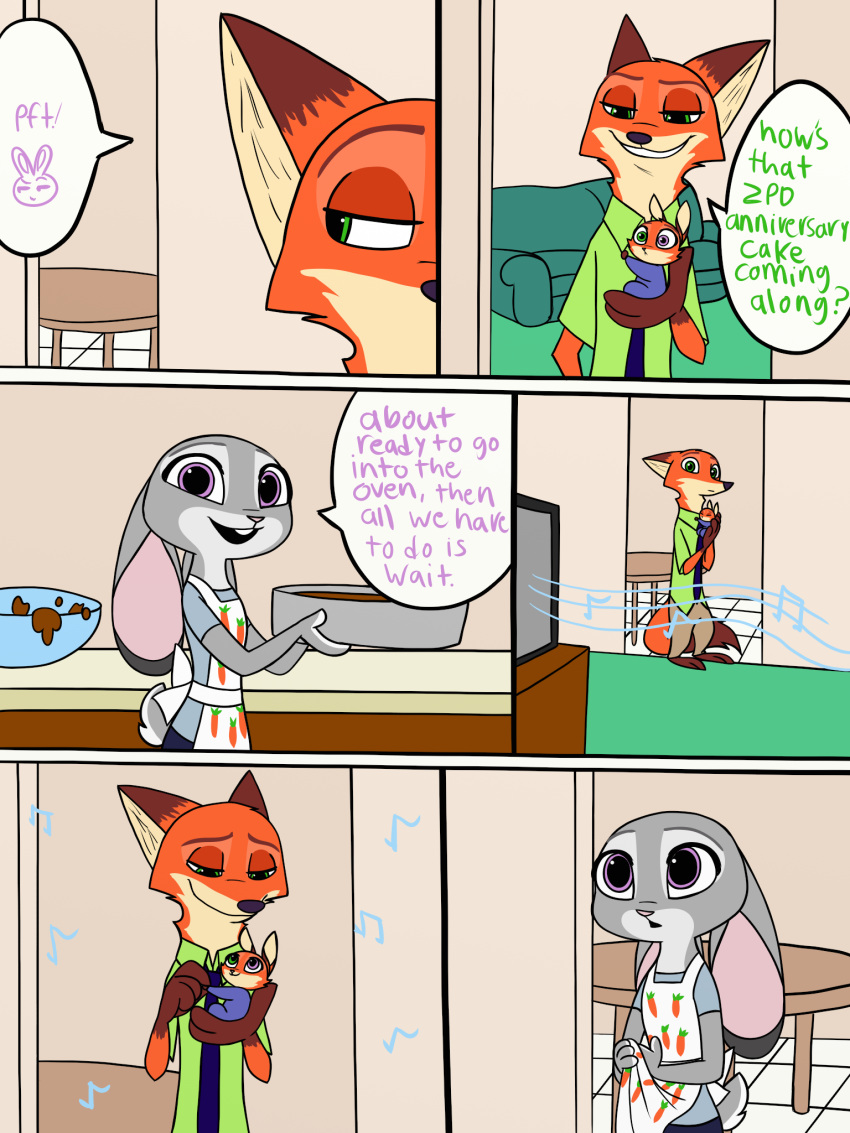 2017 4_fingers anthro canine clothed clothing comic cub disney english_text father female fox fur green_eyes heterochromia hi_res hybrid judy_hopps kitchen lagomorph male mammal mother necktie nick_wilde parent purple_eyes rabbit skeletonguys-and-ragdolls speech_bubble text violet_(zootopia) young zootopia