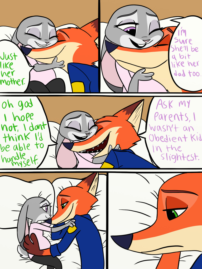 2017 4_fingers anthro bed bedroom canine clothed clothing comic cuddling disney duo english_text female fox fur green_eyes hi_res hug judy_hopps lagomorph lying male mammal nick_wilde police pregnant purple_eyes rabbit skeletonguys-and-ragdolls speech_bubble text zootopia