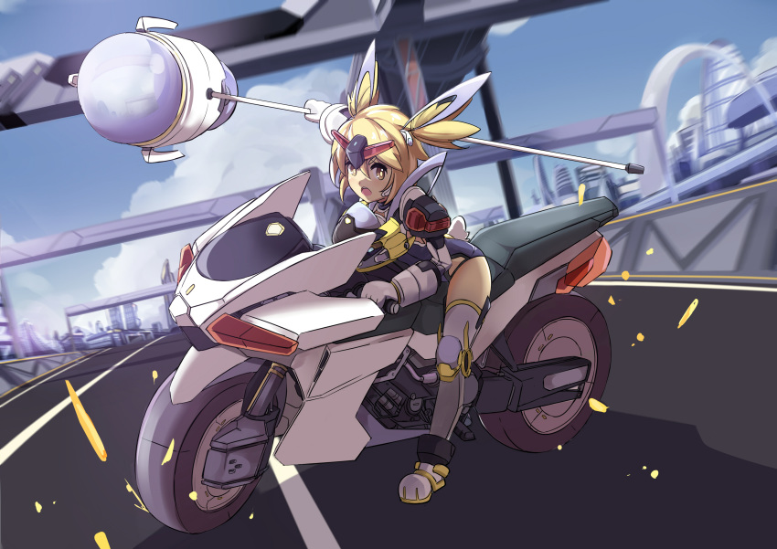 android blonde_hair city gloves ground_vehicle hair_ornament hammer highres mecha_musume motor_vehicle motorcycle on_motorcycle original road robot street sudhiro twintails weapon white_gloves yellow_eyes