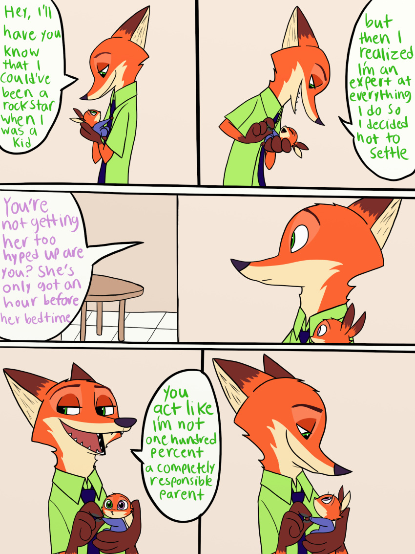 2017 4_fingers anthro canine clothed clothing comic cub daughter disney english_text father female fox fur green_eyes heterochromia hi_res hybrid lagomorph male mammal necktie nick_wilde parent rabbit size_difference skeletonguys-and-ragdolls speech_bubble text violet_(zootopia) young zootopia