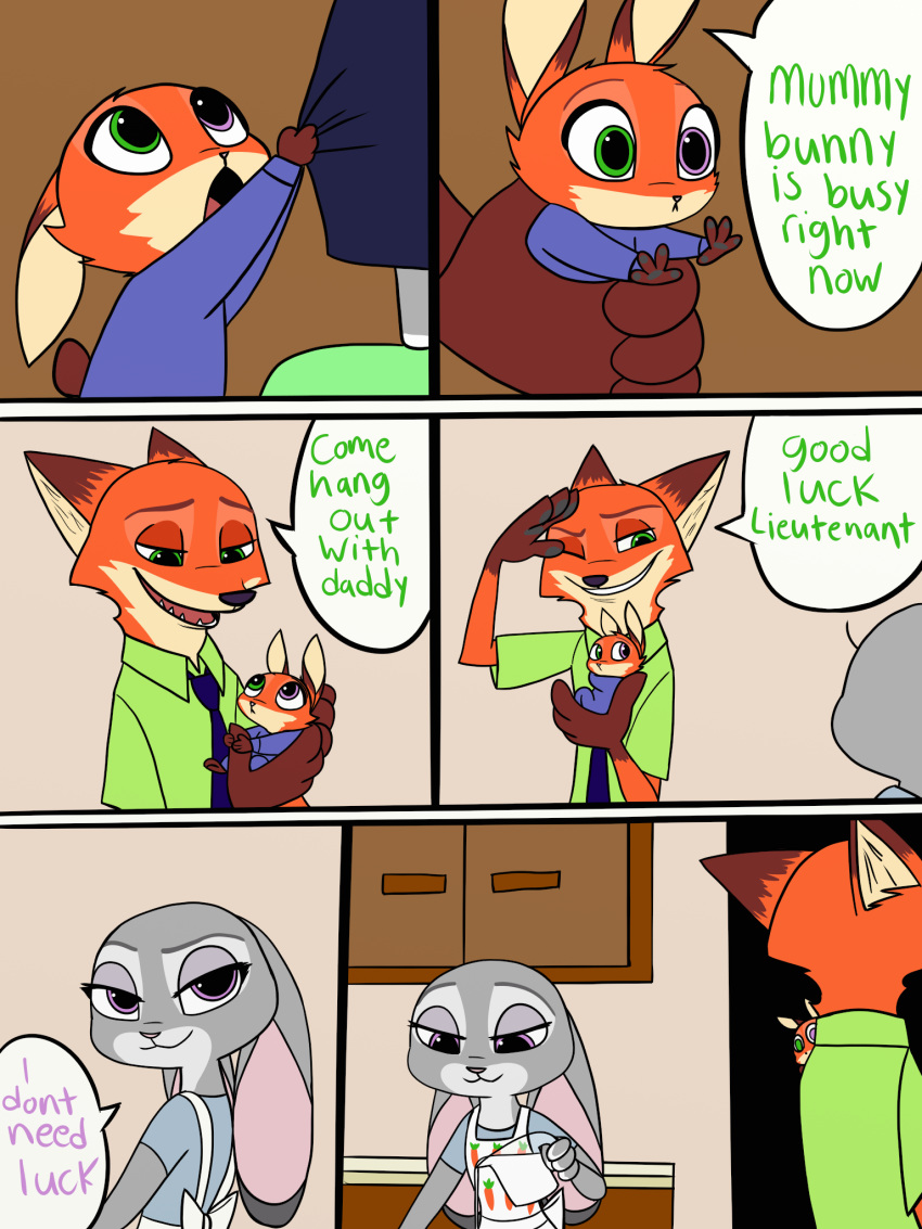 2017 4_fingers anthro canine clothed clothing comic cub disney english_text father female fox fur green_eyes heterochromia hi_res hybrid judy_hopps lagomorph male mammal mother necktie nick_wilde parent purple_eyes rabbit skeletonguys-and-ragdolls speech_bubble standing text violet_(zootopia) young zootopia