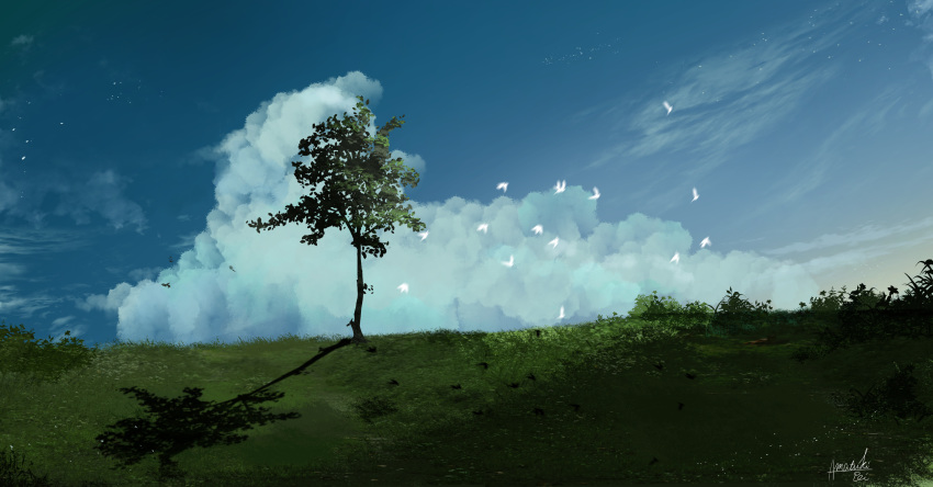 amatsuki_rei bird blue_sky cloud cloudy_sky commentary_request flock grass highres no_humans original outdoors scenery sky tree