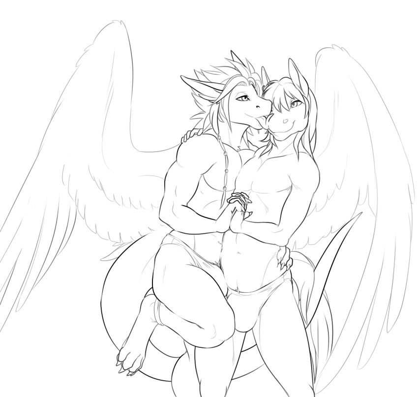 angel angel_dragon anthro black_and_white bulge cerezo dragon duo equine feathered_wings feathers freckles_(character) hi_res horse licking male male/male mammal monochrome scalie siegfried simple_background tongue tongue_out white_background wings