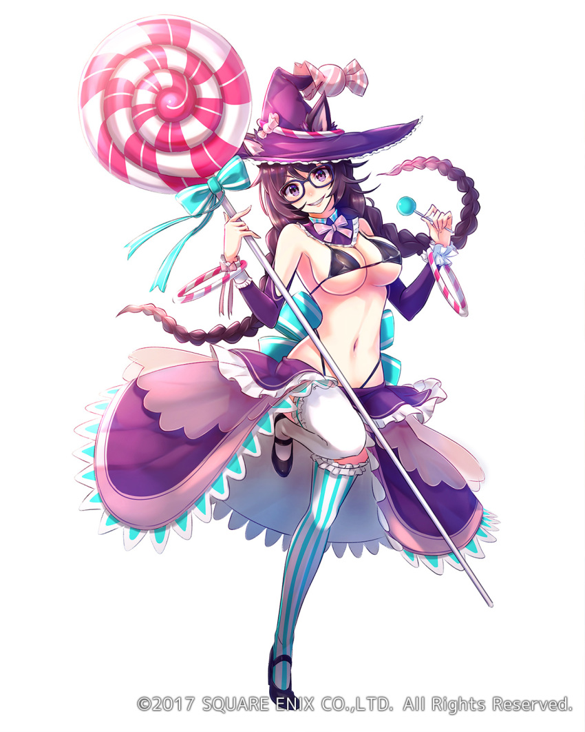 animal_ears bikini black_bikini bow braid breasts brown_hair candy cat_ears cleavage detached_collar detached_sleeves ears_through_headwear food frills full_body glasses hat highleg highleg_bikini highres large_breasts lollipop long_hair looking_at_viewer mappaninatta mismatched_legwear navel official_art purple_eyes sarong smile solo standing standing_on_one_leg striped striped_legwear swimsuit thighhighs twin_braids venus_rumble watermark white_background witch_hat