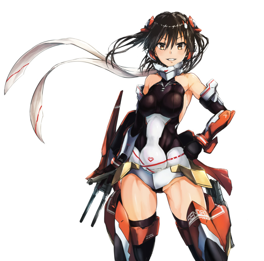 alternate_costume armpits asura_ninja bangs bare_shoulders black_hair black_leotard breasts commentary_request cosplay elbow_gloves eyebrows_visible_through_hair gloves groin hair_between_eyes hair_ornament hand_on_hip highres kantai_collection leotard long_hair looking_at_viewer mecha_musume medium_breasts megami_device muscle parted_lips scarf sendai_(kantai_collection) simple_background smile solo standing teeth thighhighs thighs torpedo torpedo_tubes tsukira_(amayadori) turret white_background yellow_eyes
