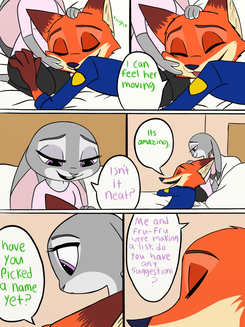 2017 anthro bed bedroom canine clothed clothing comic disney duo english_text female fox fur hi_res hug judy_hopps lagomorph lying male mammal nick_wilde police pregnant purple_eyes rabbit sitting skeletonguys-and-ragdolls speech_bubble text zootopia