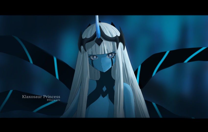 1girl bangs bayu.arts blue_eyes blue_horns blue_skin blurry blurry_background character_name darling_in_the_franxx highres horn long_hair looking_at_viewer silver_hair solo spoilers twitter_username very_long_hair