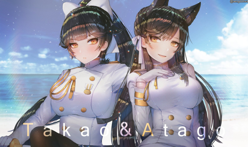 animal_ears arm_support ass atago_(azur_lane) azur_lane bad_id bad_twitter_id bangs black_hair black_legwear blue_sky blush bow breasts brown_eyes buttons character_name closed_mouth cloud commentary day double-breasted epaulettes eyebrows_visible_through_hair fang fox_ears gloves hair_bow hair_ornament hair_over_shoulder hair_ribbon half-closed_eyes hanato_(seonoaiko) hand_on_own_chest head_tilt high_collar highres holding holding_sword holding_weapon jacket katana lace-trimmed_legwear large_breasts light_particles long_hair looking_at_viewer makeup military military_uniform miniskirt mole mole_under_eye multiple_girls ocean pantyhose parted_lips pencil_skirt ponytail ribbon sheath sheathed sitting sitting_on_water skirt sky smile sparkle static swept_bangs sword takao_(azur_lane) thighhighs thighs twisted_torso twitter_username uniform very_long_hair water water_drop weapon wet white_bow white_gloves white_jacket white_ribbon white_skirt yokozuwari