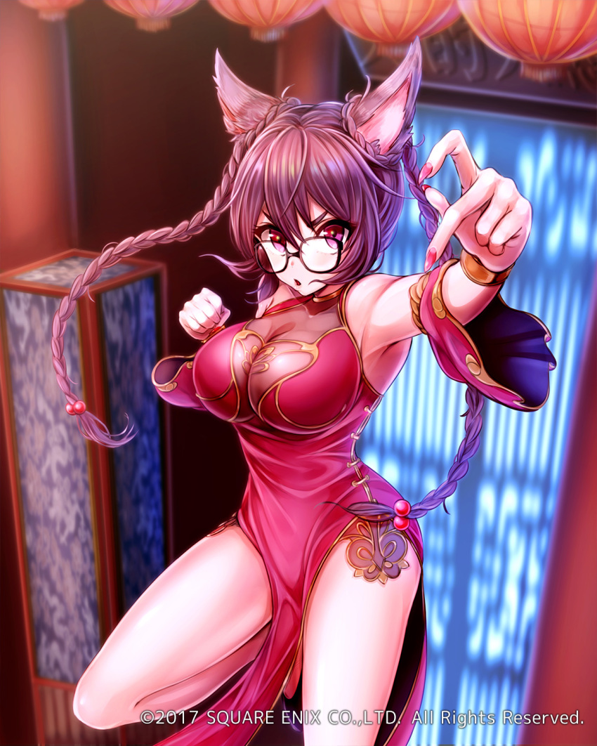 :o alternate_hairstyle animal_ears blurry blurry_background bracer braid breasts brown_hair cat_ears china_dress chinese_clothes detached_sleeves dress fighting_stance glasses highres impossible_clothes large_breasts long_hair looking_at_viewer mappaninatta nail_polish official_art outstretched_arm pelvic_curtain purple_eyes side_slit solo standing standing_on_one_leg twin_braids venus_rumble watermark