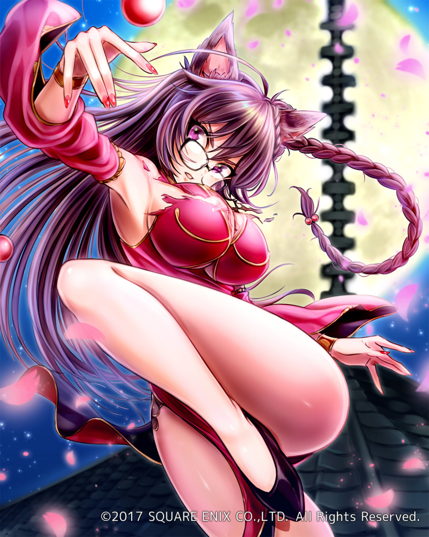 alternate_hairstyle animal_ears blurry blurry_background bracer braid breasts brown_hair cat_ears china_dress chinese_clothes detached_sleeves dress eyebrows_visible_through_hair full_moon glasses highres impossible_clothes large_breasts long_hair looking_at_viewer mappaninatta moon nail_polish official_art outstretched_arm parted_lips pelvic_curtain petals purple_eyes rooftop side_slit solo standing standing_on_one_leg torn_clothes twin_braids venus_rumble watermark