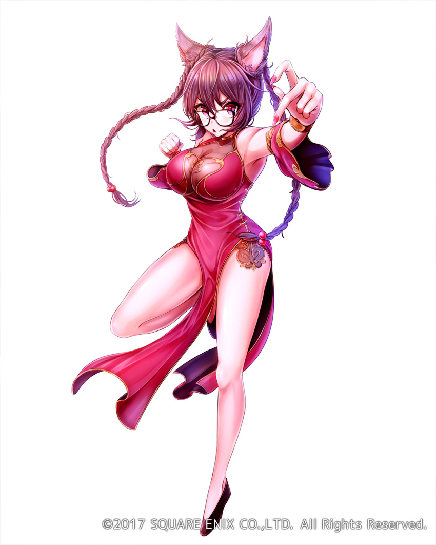 :o alternate_hairstyle animal_ears bracer braid breasts brown_hair cat_ears china_dress chinese_clothes detached_sleeves dress fighting_stance full_body glasses highres impossible_clothes large_breasts long_hair looking_at_viewer mappaninatta nail_polish official_art outstretched_arm pelvic_curtain purple_eyes side_slit solo standing standing_on_one_leg twin_braids venus_rumble watermark white_background