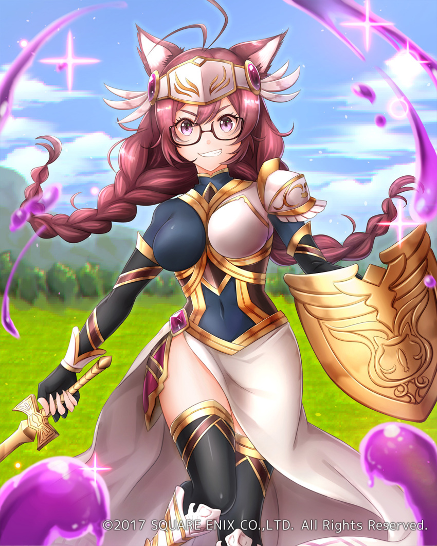 2017 animal_ears antenna_hair black-framed_eyewear black_gloves black_legwear blue_sky blurry blurry_background braid breasts brown_hair cleavage cloud covered_navel elbow_gloves fingerless_gloves glasses gloves grass greaves headpiece highres holding holding_sword holding_weapon long_hair mappaninatta official_art parted_lips pixelated purple_eyes shield sky slime solo standing sword thighhighs twin_braids twintails venus_rumble weapon