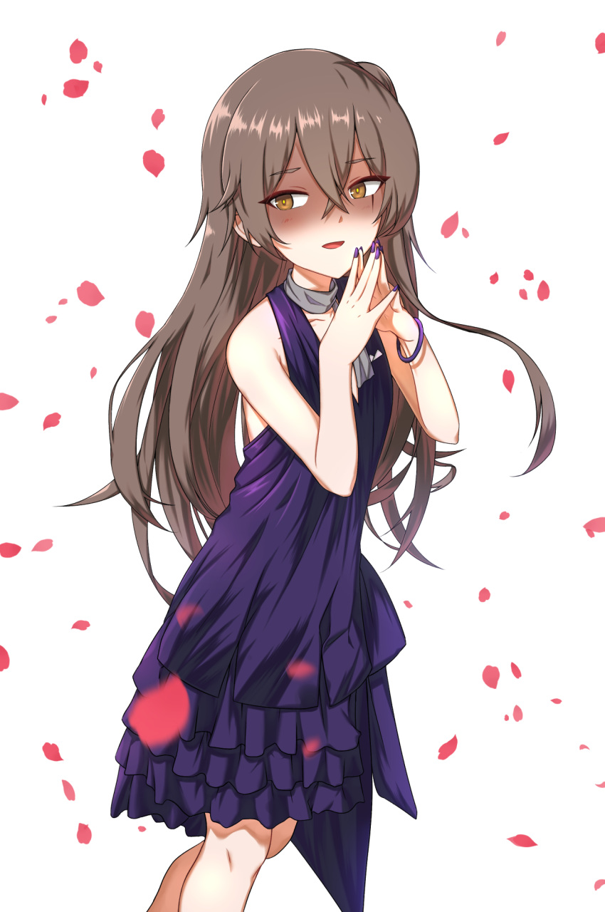 alternate_costume bangle bangs bare_shoulders blush bracelet brown_eyes brown_hair casual collarbone crossed_bangs dress eyebrows_visible_through_hair fingers_together girls_frontline hair_between_eyes highres jewelry long_hair looking_at_viewer nail_polish one_side_up open_mouth panix2383 petals purple_dress purple_nails scar scar_across_eye scarf shaded_face sidelocks simple_background smile ump45_(girls_frontline) white_background