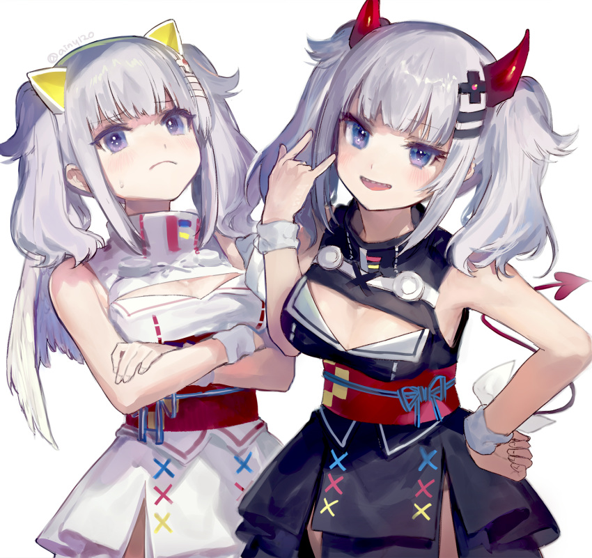 ainy77 angel_and_devil angel_wings blue_eyes breasts cleavage_cutout color_contrast commentary_request cowboy_shot cross-laced_clothes crossed_arms demon_horns demon_tail dual_persona eyebrows_visible_through_hair frown hair_ornament highres horns kaguya_luna kaguya_luna_(character) matching_outfit multiple_girls open_mouth sharp_teeth simple_background smile stitching sweatdrop tail teeth twintails virtual_youtuber white_background white_hair wings