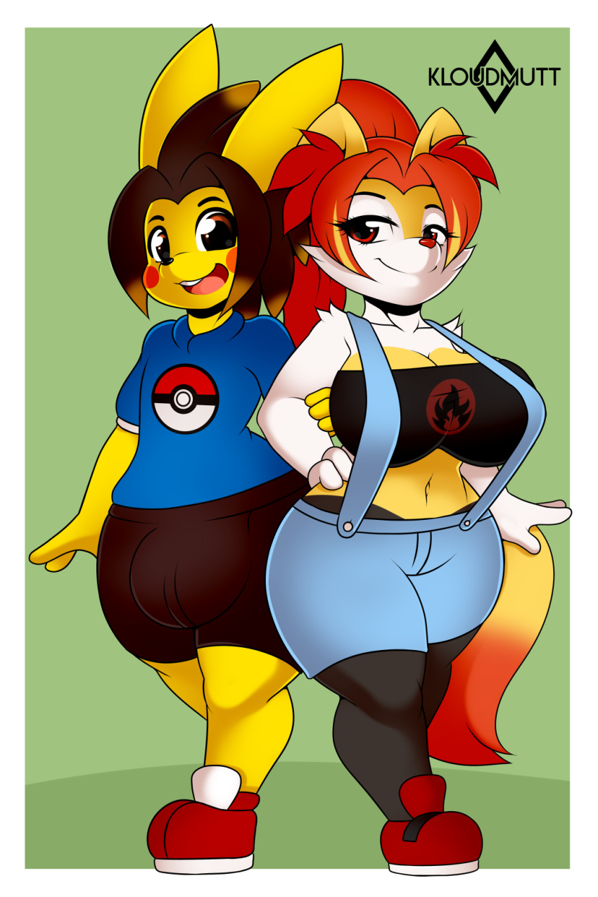 2018 anthro border braixen breasts bulge canine clothed clothing digital_media_(artwork) dipstick_tail duo eyelashes female footwear hair hand_on_hip hi_res inner_ear_fluff kloudmutt male mammal multicolored_tail navel nintendo open_mouth open_smile pikachu pok&eacute;mon pok&eacute;mon_(species) rodent shoes signature simple_background smile video_games white_border