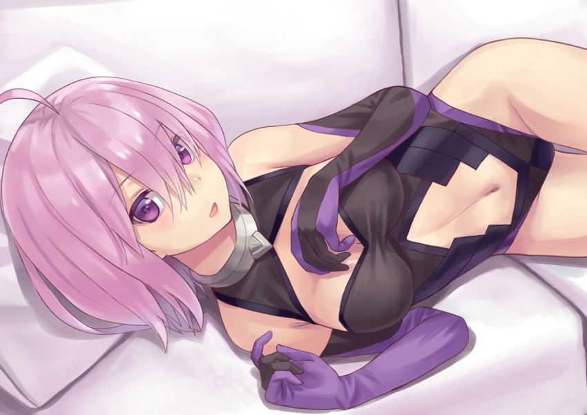 bangs bed_sheet black_gloves black_leotard blush breasts cleavage commentary_request doonatsu. elbow_gloves eyebrows_visible_through_hair fate/grand_order fate_(series) gloves hair_between_eyes highleg highleg_leotard indoors leotard looking_at_viewer lying mash_kyrielight medium_breasts navel navel_cutout on_side open_mouth pillow pink_hair purple_eyes solo