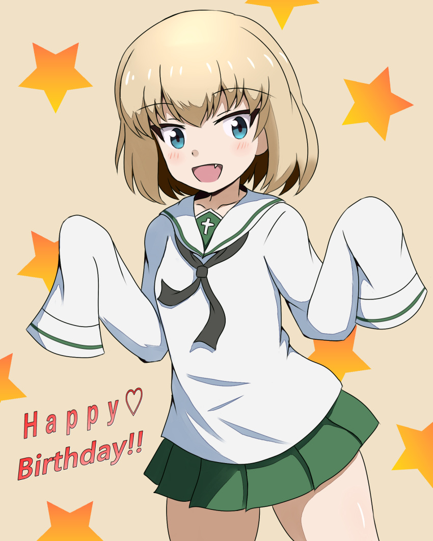 :d bad_id bad_pixiv_id bangs black_neckwear blue_eyes blush brown_background commentary_request eyebrows_visible_through_hair fang girls_und_panzer green_skirt hair_between_eyes hairband hands_up happy_birthday heart highres katyusha light_brown_hair long_sleeves looking_at_viewer mitchi ooarai_school_uniform open_mouth pleated_skirt sailor_collar school_uniform serafuku shirt simple_background skirt sleeves_past_fingers sleeves_past_wrists smile solo star starry_background white_sailor_collar white_shirt