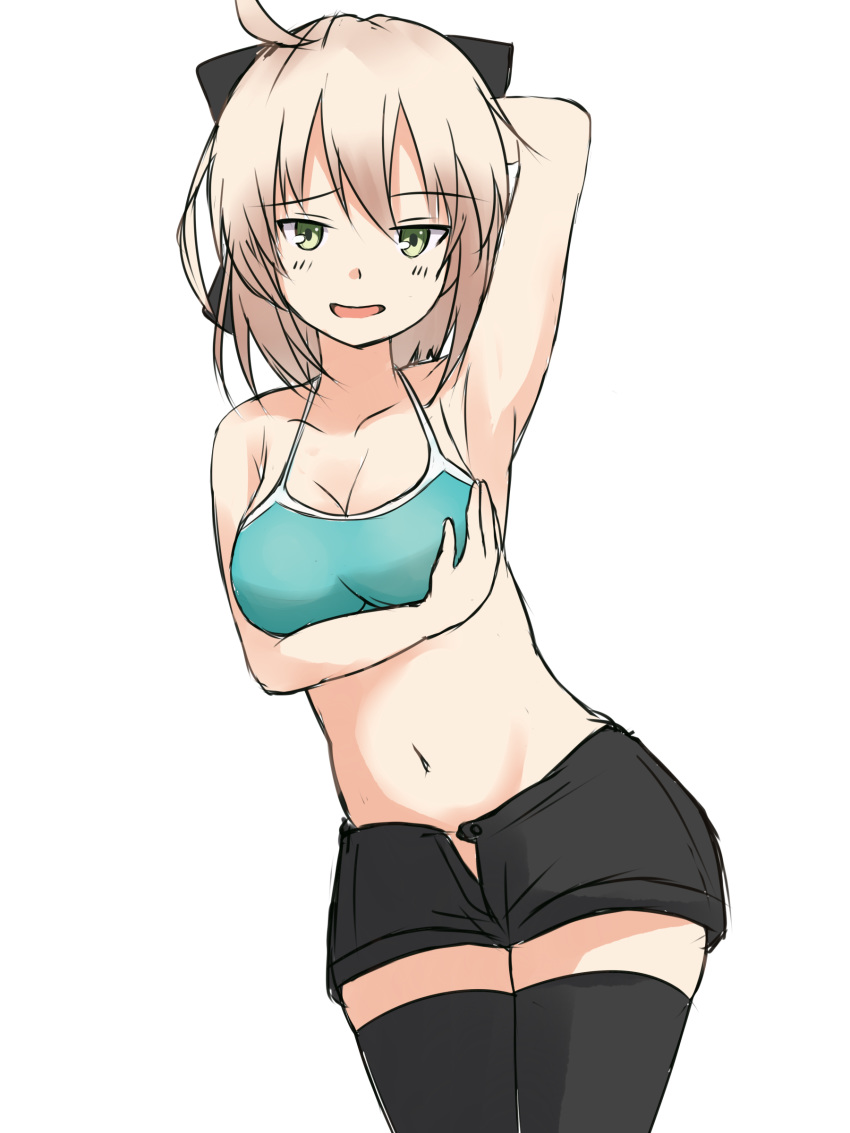 :d absurdres ahoge arm_under_breasts arm_up armpits bad_id bad_pixiv_id bangs bare_shoulders black_bow black_legwear black_shorts blush bow breast_hold breasts cleavage collarbone commentary_request crop_top dutch_angle eyebrows_visible_through_hair fate/grand_order fate_(series) green_eyes hair_between_eyes hair_bow hand_behind_head highres koha-ace light_brown_hair long_hair looking_at_viewer medium_breasts mitchi navel okita_souji_(fate) okita_souji_(fate)_(all) open_fly open_mouth short_shorts shorts simple_background smile solo thighhighs unzipped white_background