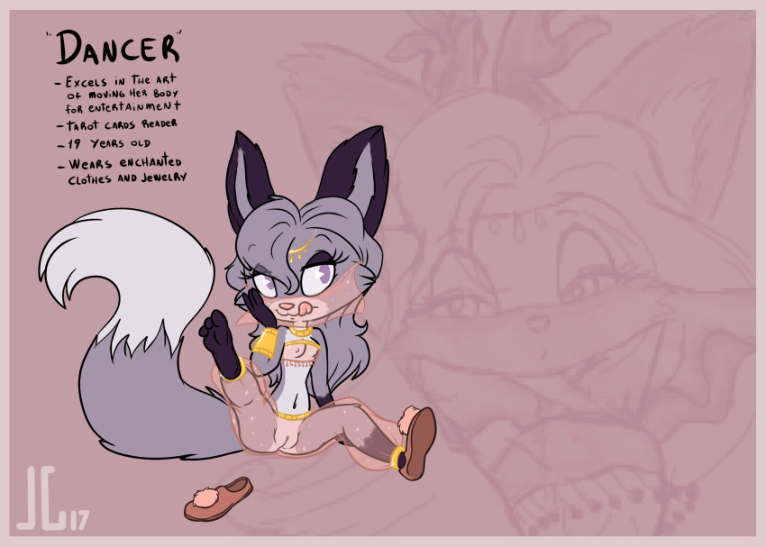 2017 3_toes :3 anthro blush breasts canine character_request clothing cute dancer_(furnut5158) female fox fur furcollector grey_fur gypsy hair harem_outfit long_hair lying mammal navel nipples nude one_shoe_out small_breasts solo teenager toes tongue tongue_out translucent transparent_clothing white_belly young