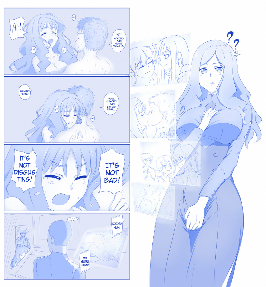 4boys 4girls 4koma ::o absurdres blue blush breasts comic darling_in_the_franxx eyes_closed gorou_(darling_in_the_franxx) hachi_(darling_in_the_franxx) hairband hand_on_own_chest hiro_(darling_in_the_franxx) horns hug ichigo_(darling_in_the_franxx) kokoro_(darling_in_the_franxx) large_breasts long_hair long_sleeves military military_uniform mitsuru_(darling_in_the_franxx) monochrome multiple_boys multiple_girls nana_(darling_in_the_franxx) necktie oni_horns open_mouth short_hair speech_bubble uniform viperxtr zero_two_(darling_in_the_franxx)
