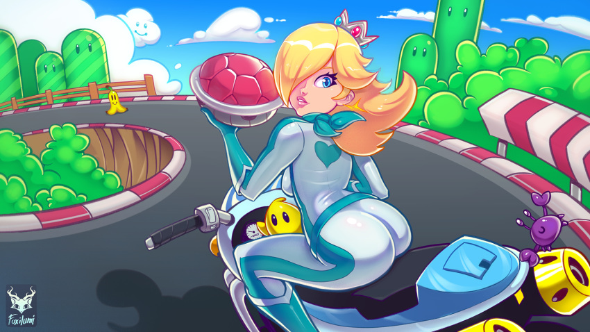 1girl ass backboob bicycle blonde_hair blue_eyes blue_sky cloud crown foxilumi from_behind hair_over_one_eye highres lips looking_back mario_(series) mario_kart motor_vehicle nintendo racing rosetta_(mario) shell sitting sky