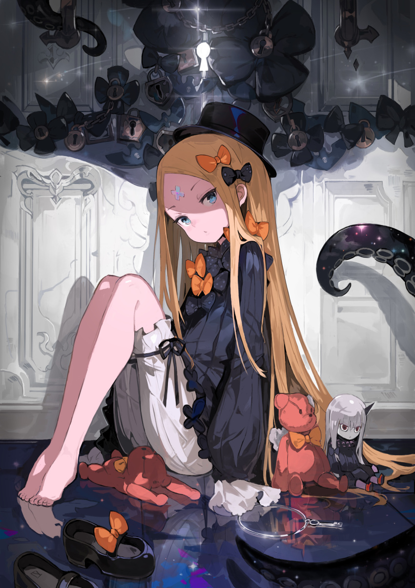 abigail_williams_(fate/grand_order) absurdres andrian_gilang bangs barefoot black_bow black_dress black_footwear black_hat blonde_hair bloomers blue_eyes bow bug butterfly character_doll commentary_request crossed_bandaids dress fate/grand_order fate_(series) glowing hair_bow hat head_tilt highres insect key keyhole keyring lavinia_whateley_(fate/grand_order) lock long_hair long_sleeves looking_at_viewer mary_janes on_floor orange_bow padlock parted_bangs parted_lips plantar_flexion polka_dot polka_dot_bow reflection reflective_floor shoes shoes_removed sitting sleeves_past_fingers sleeves_past_wrists solo stuffed_animal stuffed_toy suction_cups teddy_bear tentacles toenails too_many_bows underwear very_long_hair white_bloomers