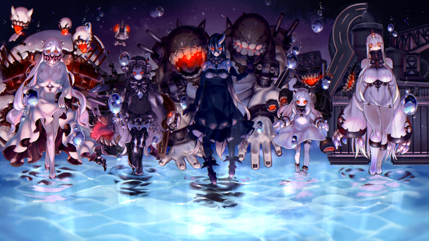 ahoge anklet artillery_imp bad_id bad_pixiv_id barefoot battleship_water_oni black_hair boots breasts bubble claws cleavage cleavage_cutout dress elbow_gloves enemy_aircraft_(kantai_collection) fingernails fishnet_legwear fishnets gloves glowing glowing_eyes gothic_lolita hair_between_eyes highres horn horns isolated_island_hime jewelry kantai_collection kareha_(sakura-turibito) large_breasts lolita_fashion long_hair looking_at_viewer machinery medium_breasts midway_hime mittens monster multiple_girls northern_ocean_hime open_mouth pale_skin panties red_eyes seaport_hime sharp_fingernails shinkaisei-kan short_dress short_eyebrows skirt skirt_lift sleeves_past_wrists small_breasts thigh_boots thighhighs tongue tongue_out turret underwear veins walking walking_on_liquid white_hair