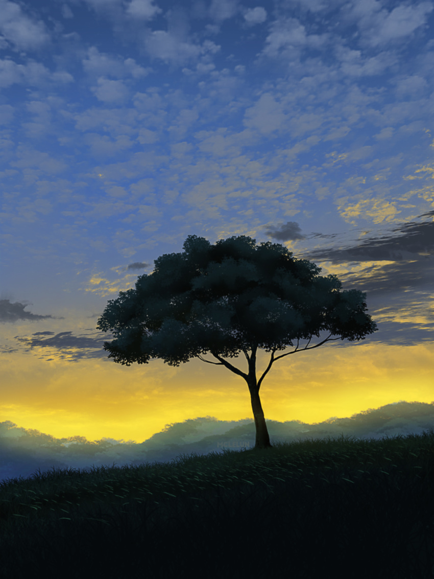 cloud cloudy_sky commentary english_commentary grass highres hill making_of mclelun no_humans original outdoors photoshop_(medium) scenery sky sunset tree twilight