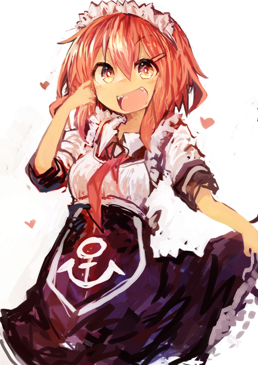 absurdres adjusting_hair alternate_costume anchor_symbol bangs brown_eyes brown_hair cowboy_shot fangs frills hair_between_eyes hair_ornament hairclip heart highres ikazuchi_(kantai_collection) kaamin_(mariarose753) kantai_collection looking_at_viewer maid maid_headdress necktie open_mouth short_hair short_sleeves skirt_hold smile solo white_background wing_collar