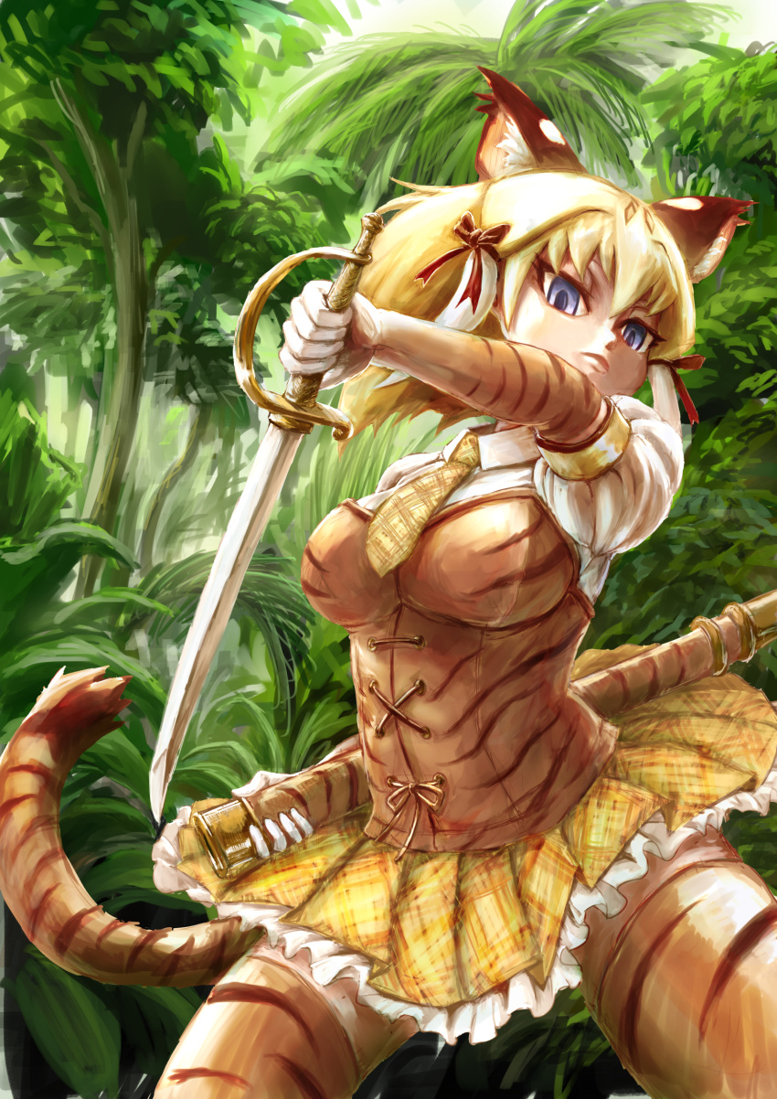 absurdres animal_ears arm_up bangs blonde_hair blouse blue_eyes closed_mouth commentary_request corset cowboy_shot cross-laced_clothes cutlass_(sword) day elbow_gloves evyngr extra_ears fighting_stance floating_hair forest frilled_skirt frills gloves hair_between_eyes hair_ribbon highres holding holding_sheath holding_sword holding_weapon kemono_friends left-handed looking_at_viewer medium_hair miniskirt multicolored_hair nature necktie outdoors plaid_neckwear puffy_short_sleeves puffy_sleeves ribbon serious sheath short_sleeves skirt smilodon_(kemono_friends) solo standing sword tail thighhighs tiger_ears tiger_tail tree tsurime unsheathed weapon white_blouse white_hair wing_collar zettai_ryouiki