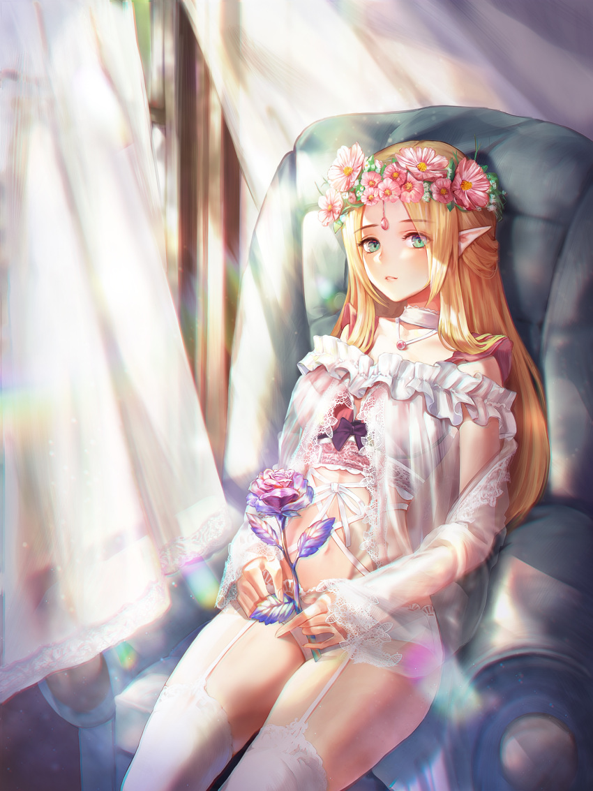 armchair blonde_hair blush chair choker commentary curtains flower garter_straps green_eyes head_wreath highres holding kone_(user_rcvz8745) lace long_hair looking_at_viewer navel original panties parted_lips pointy_ears see-through sitting solo sunlight thighhighs underwear white_legwear white_panties wind