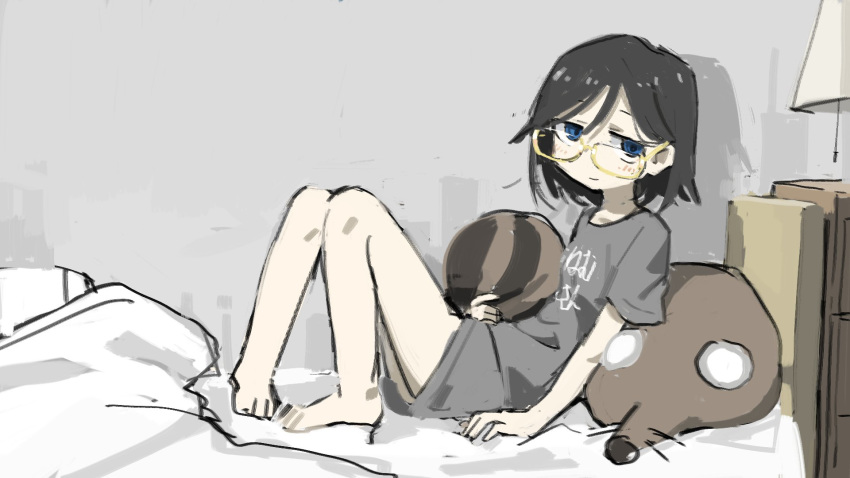 animal_pillow arms_at_sides bangs barefoot bed bedroom black_hair blue_eyes bob_cut bottomless closed_mouth flat_color full_body glasses grey_shirt hair_between_eyes highres indoors jitome knees_touching lamp light_blush looking_at_viewer loose_clothes loose_shirt lying no_nose no_pants on_back original parted_bangs pigeon-toed pillow reclining semi-rimless_eyewear shadow shirt short_hair sitting sketch smile solo t-shirt tsukumizu_yuu under-rim_eyewear yellow-framed_eyewear