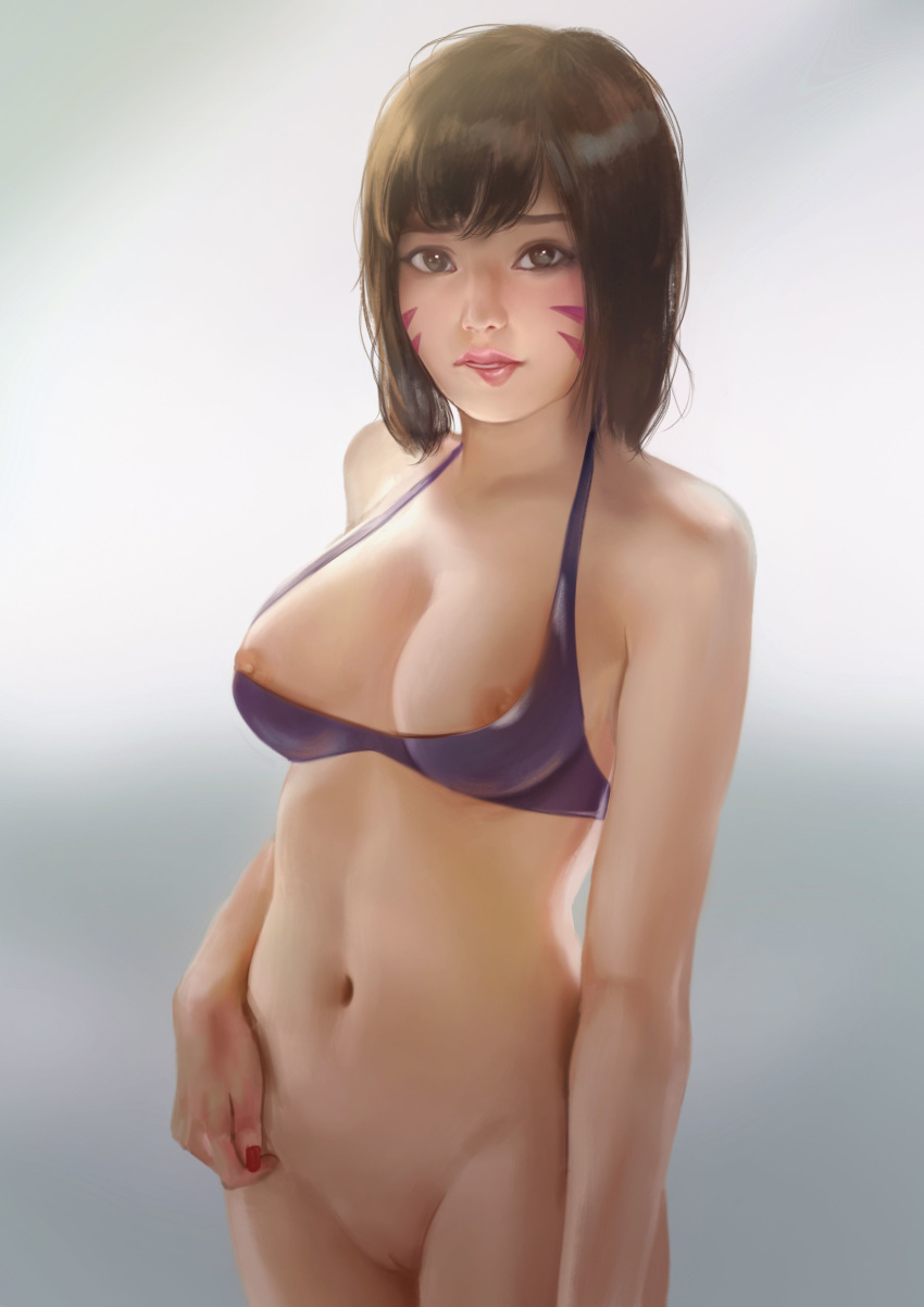 1girl areolae asian bikini_top bottomless breasts brown_eyes brown_hair cleavage cowboy_shot d.va_(overwatch) facepaint facial_mark firolian gradient gradient_background grey_background highres lips long_hair looking_at_viewer medium_breasts nail_polish navel nipple_slip nose overwatch pink_lips purple_bikini pussy realistic red_nails solo swimsuit uncensored whisker_markings