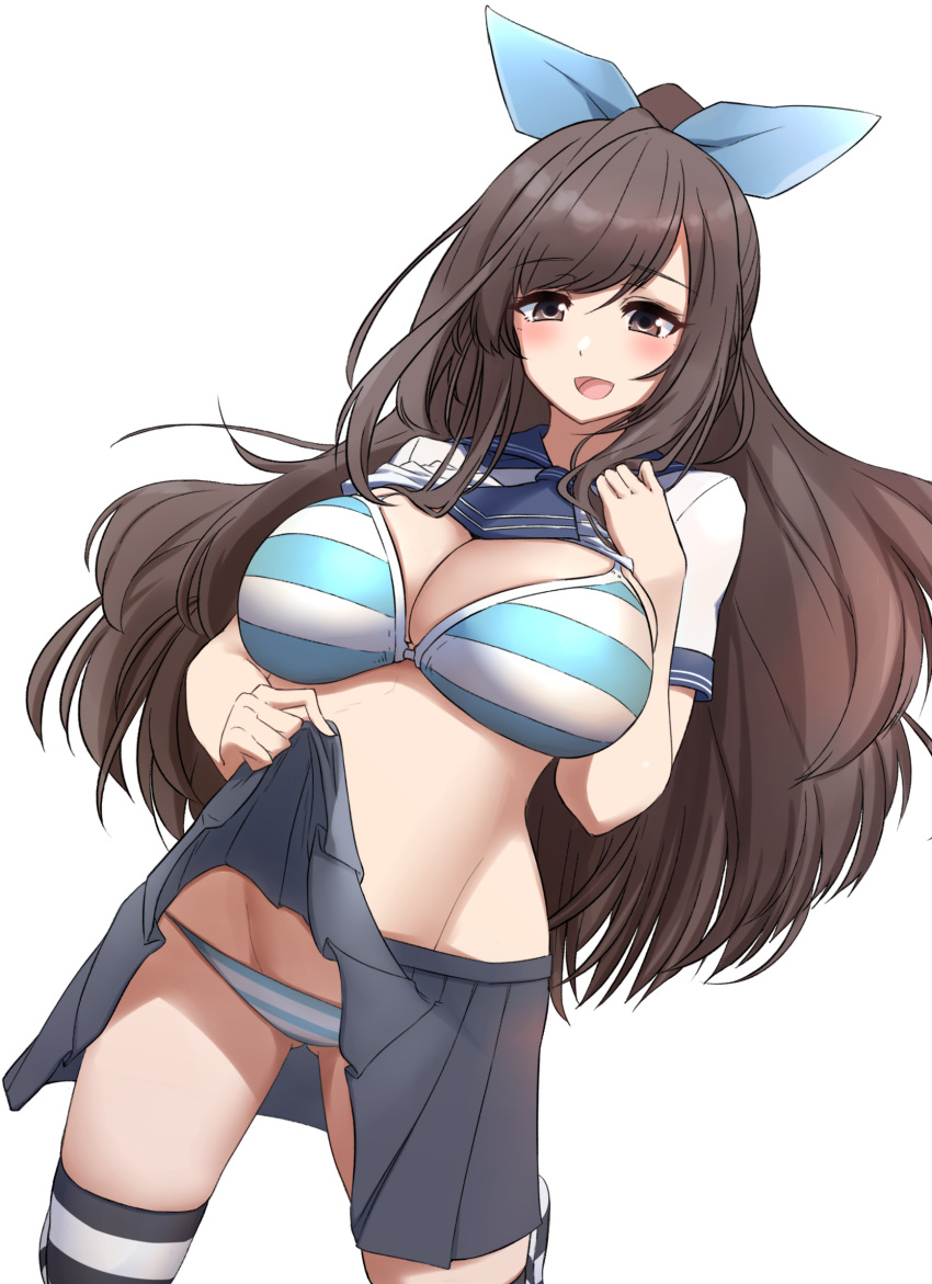 bangs blue_bow blue_bra blue_panties blue_skirt blush bow bra breasts brown_eyes brown_hair cleavage commentary_request eyebrows_visible_through_hair hair_bow highres hips idolmaster idolmaster_shiny_colors large_breasts long_hair looking_at_viewer nagisa_otoha open_mouth panties pleated_skirt ponytail sailor_collar sailor_shirt shirt shirt_lift simple_background skirt skirt_lift smile solo striped striped_bra striped_legwear striped_panties swept_bangs thighs tsukioka_kogane underwear white_background white_shirt