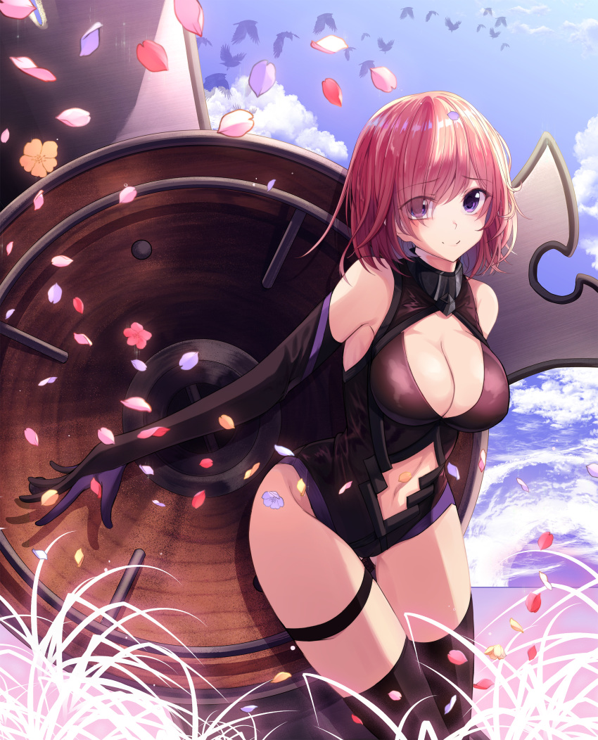 absurdres bird breasts cleavage cloud commentary_request day elbow_gloves eyebrows_visible_through_hair eyes_visible_through_hair falling_petals fate/grand_order fate_(series) gloves hair_over_one_eye highres legs mash_kyrielight md5_mismatch outdoors petals pink_hair purple_eyes purple_gloves shield short_hair sky smile thigh_strap thighhighs thighs xingjinmeijian