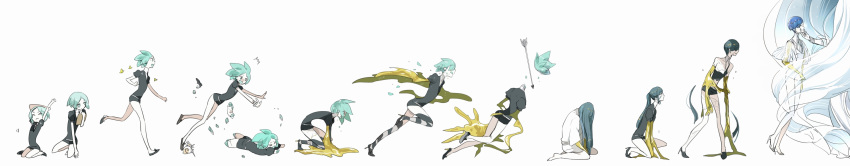 absurdres age_progression all_fours amputee androgynous aqua_eyes aqua_hair arrow bangs blue_eyes blue_hair blunt_bangs breaking bug butterfly chin_hold clipboard closed_eyes cracked decapitation disembodied_head from_side gem_uniform_(houseki_no_kuni) glowing glowing_eye gold golden_arms green_eyes green_hair hair_over_eyes high_heels highres houseki_no_kuni insect long_hair long_image looking_at_another missing_limb multiple_persona multiple_views necktie one_knee open_mouth out_of_frame phosphophyllite phosphophyllite_(ll) ponytail running seashell see-through severed_head severed_limb shards shell short_hair shumiko_(kamenokoueki) sitting smile spoilers standing stretch torn_clothes tripping tsuki_jin wariza white_background wide_image