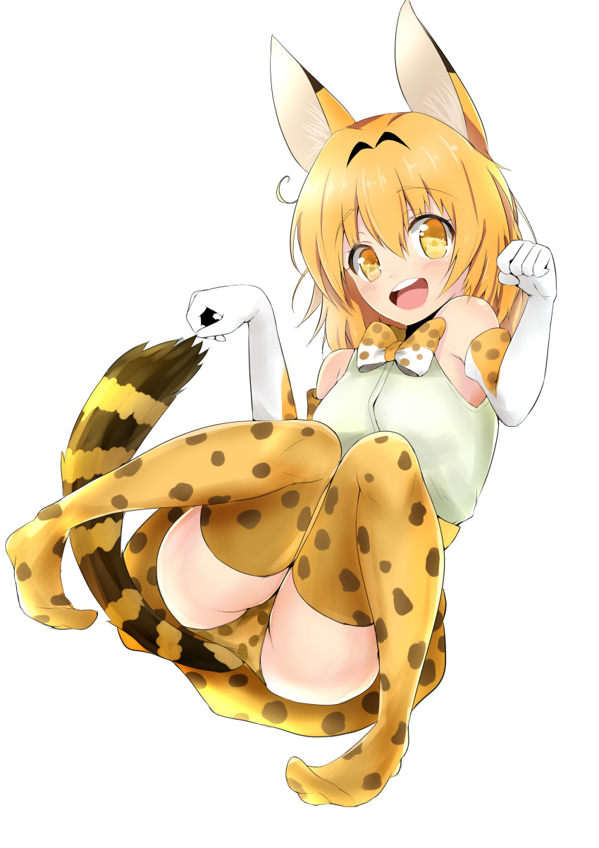 :d absurdres animal_ears bangs bow bowtie commentary elbow_gloves eyebrows_visible_through_hair full_body gloves high-waist_skirt highres kemono_friends kirikan looking_at_viewer open_mouth panties pantyshot pantyshot_(sitting) paw_pose print_gloves print_legwear print_neckwear print_panties print_skirt serval_(kemono_friends) serval_ears serval_print serval_tail shirt short_hair simple_background sitting skirt sleeveless sleeveless_shirt smile solo striped_tail tail thighhighs underwear white_background yellow_legwear yellow_neckwear yellow_panties