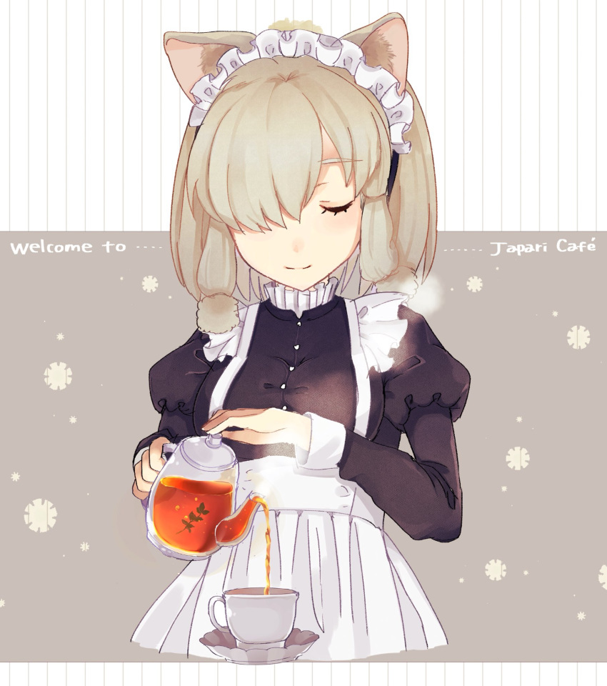 alpaca_suri_(kemono_friends) alternate_costume ancolatte_(onikuanco) apron closed_eyes commentary_request cup enmaided hair_bun hair_over_one_eye highres juliet_sleeves kemono_friends long_sleeves maid maid_apron maid_headdress multi-tied_hair pouring puffy_sleeves short_hair sidelocks smile solo tea teacup teapot white_hair