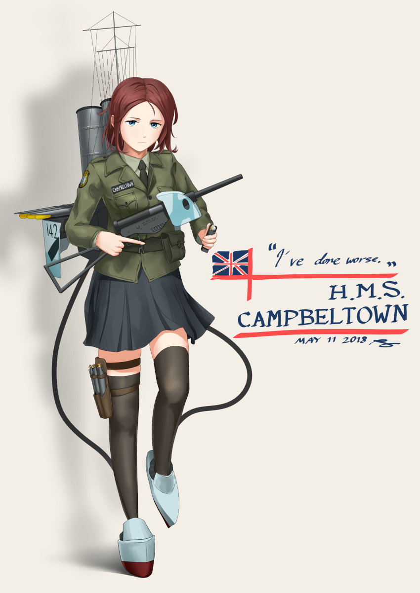 absurdres black_legwear blue_eyes character_name commentary dated english english_commentary english_flag full_body greythorn032 gun highres looking_at_viewer magazine_(weapon) military military_uniform name_tag necktie original red_hair rigging serious short_hair skinned solo standing standing_on_one_leg sten_gun thigh_strap thighhighs torpedo torpedo_tubes trigger_discipline uniform weapon world_of_warships zettai_ryouiki