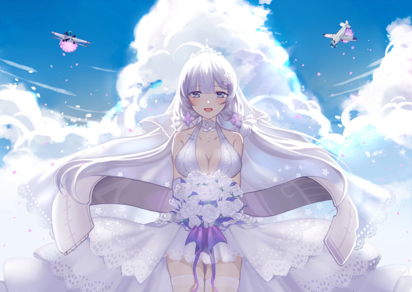 :d aircraft airplane azur_lane blue_eyes blush bouquet breasts cherry_blossoms cleavage cloud commentary_request day dress flight_deck flower highres illustrious_(azur_lane) ji_yue large_breasts low_twintails medium_hair mole mole_under_eye open_mouth petals short_dress smile solo tiara twintails wedding_dress white_dress white_hair