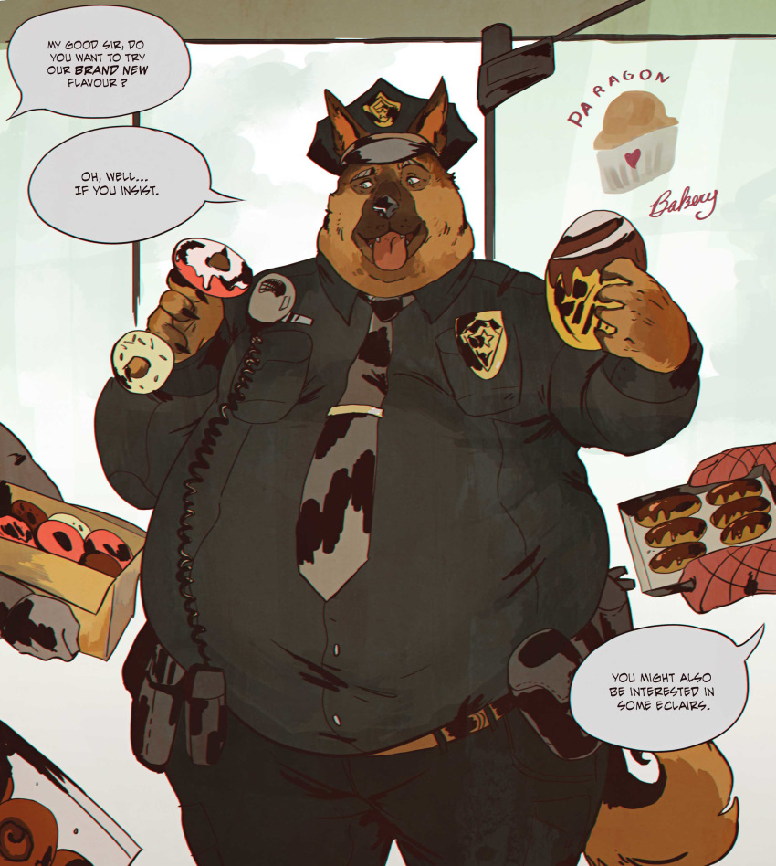 2017 5_fingers anthro badge belly belt canine clothing dog doughnut english_text food german_shepherd hat male mammal necktie obese obese_male overweight overweight_male pants police shirt speech_bubble text tongue tongue_out vetrowolf