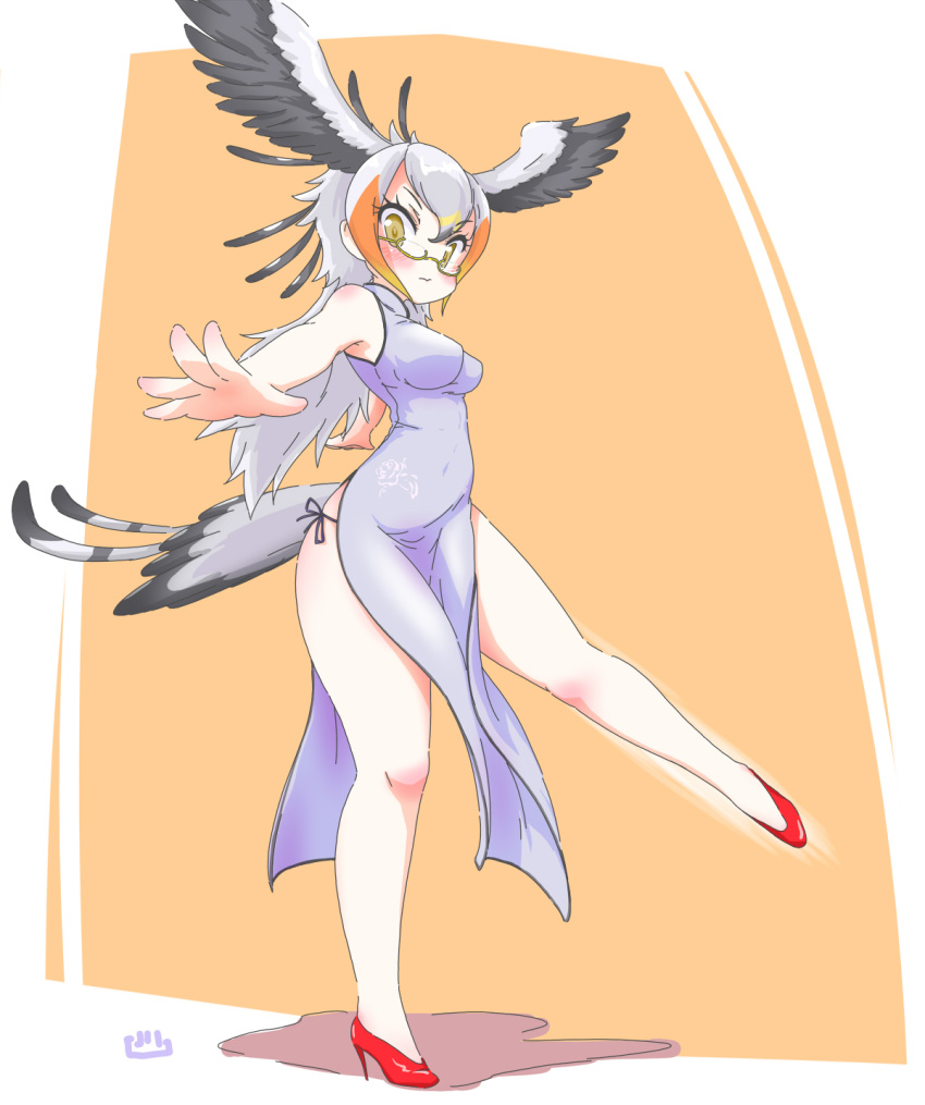alternate_costume artist_name blonde_hair blush china_dress chinese_clothes dress feathered_wings feathers glasses grey_hair high_heels highres kemono_friends long_hair multicolored_hair orange_hair secretarybird_(kemono_friends) solo standing standing_on_one_leg uho_(uhoyoshi-o) white_background wings yellow_eyes
