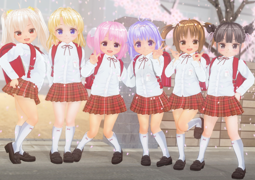 3d 6+girls arms_behind_head backpack bag black_hair blonde_hair blush bow brown_eyes brown_hair child closed_mouth double_bun female flat_chest full_body hair_bow hand_on_hip kuroi_serika_(st205yat) long_hair long_sleeves multiple_girls original pink_eyes pink_hair ponytail randoseru shiny shiny_hair shirt skirt smile standing_on_one_leg tree twintails v white_shirt white_sleeves