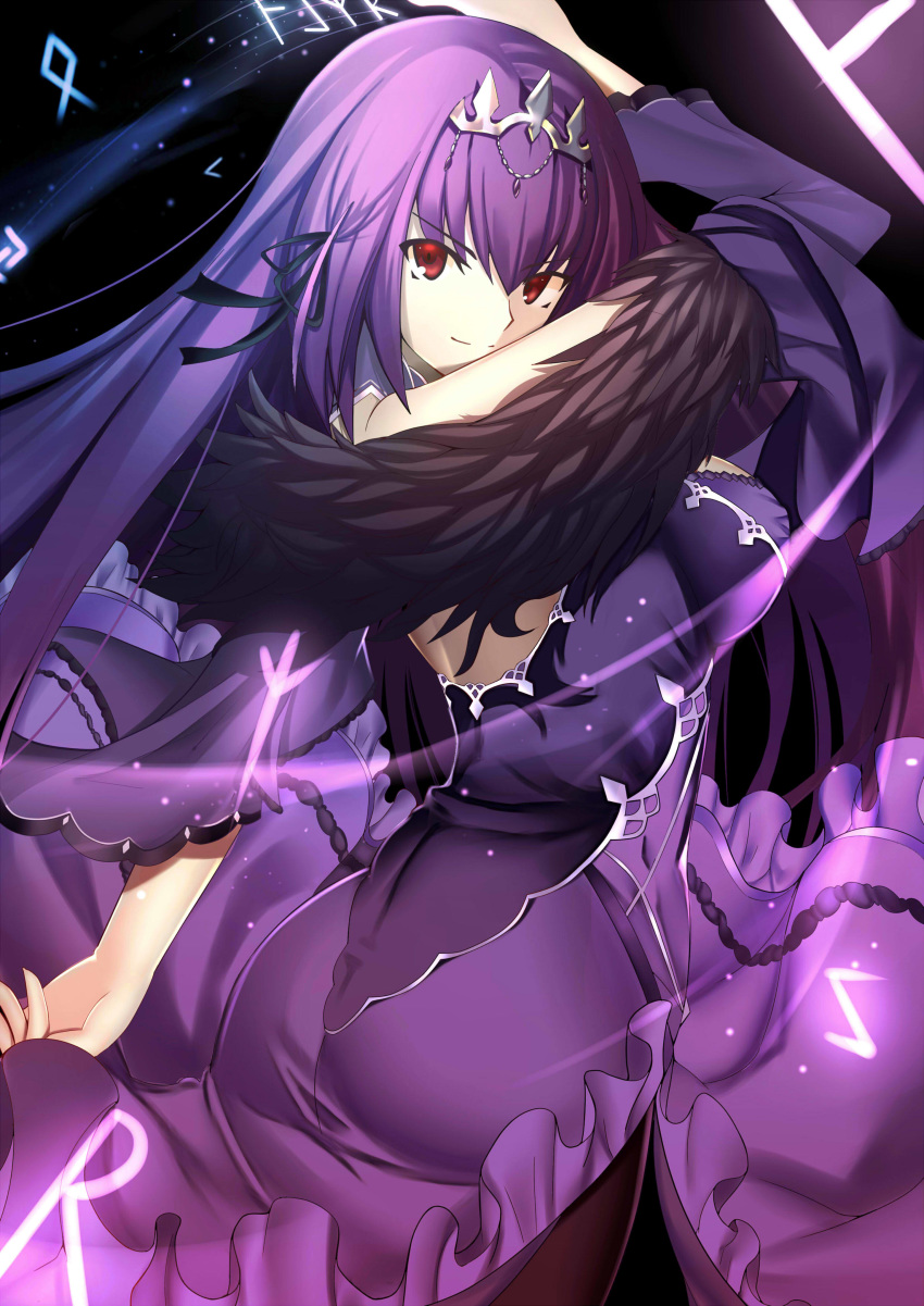 absurdres arm_up ass back back_cutout bangs black_background black_ribbon breasts brown_legwear closed_mouth commentary_request cowboy_shot dress eyebrows_visible_through_hair fate/grand_order fate_(series) frilled_dress frills from_behind fur_collar fur_trim glowing hair_between_eyes hair_ribbon headpiece highres jewelry large_breasts light_particles light_trail long_dress long_hair long_sleeves looking_at_viewer looking_back pantyhose paperfinger purple_dress purple_hair red_eyes revision ribbon runes scathach_(fate)_(all) scathach_skadi_(fate/grand_order) smile solo standing symbol tiara v-shaped_eyebrows wind wind_lift